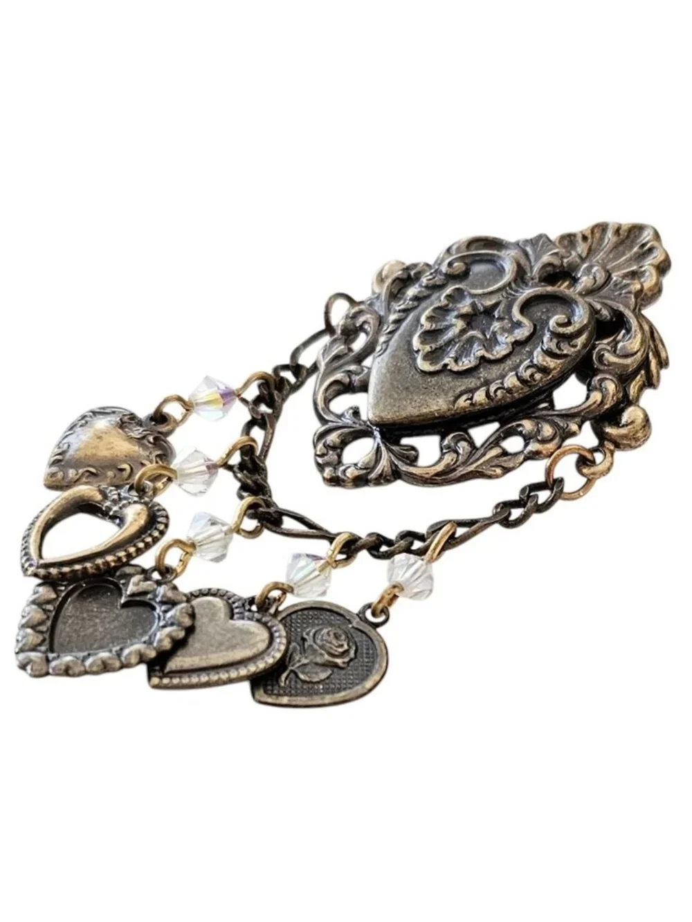 Heart Shield Pin Brass Chatelaine Style AB Rhinestone Dangle Lapel Tack, J24